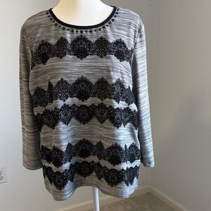Alfred Dunner Striped Embellished Gray and Black Lace Design Top SZPM